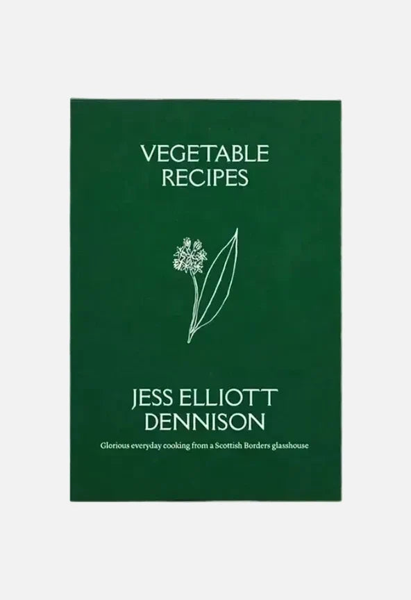 The front cover of the book 'Vegetable Recipes' by Jess Elliott Dennison, featuring a dark green background with white text and a simple white botanical line drawing.