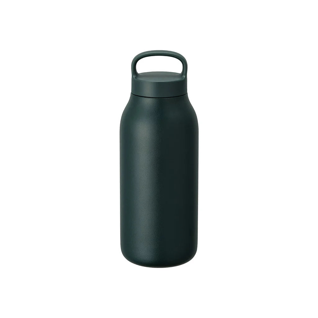 Dark green water bottle with a handle on a white background