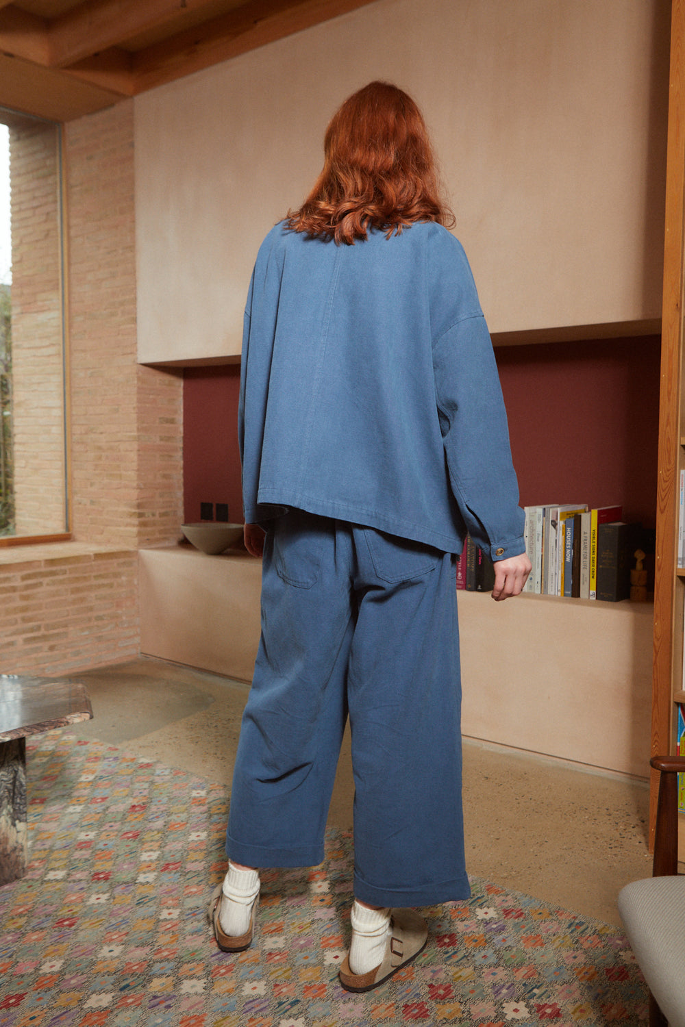 Oversized Chore Coat Canvas Marine on model