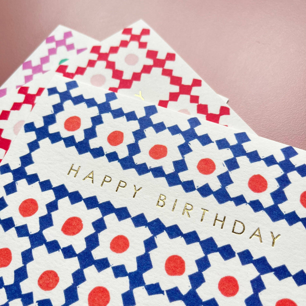 Takako Copeland Happy Birthday Lattice Pattern Card in Blue