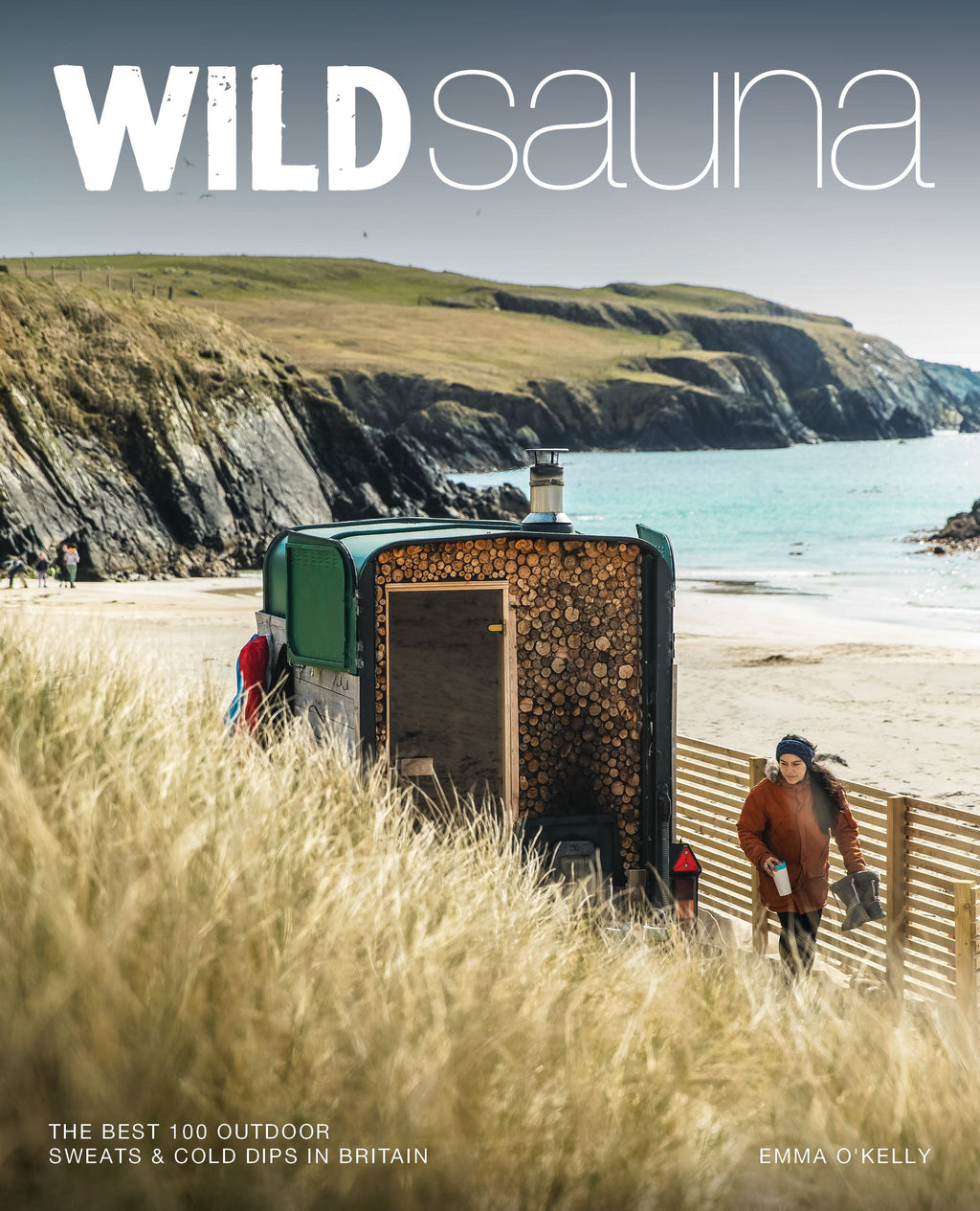 Cover of 'Wild Sauna' book with a sauna on a beach and people around it.