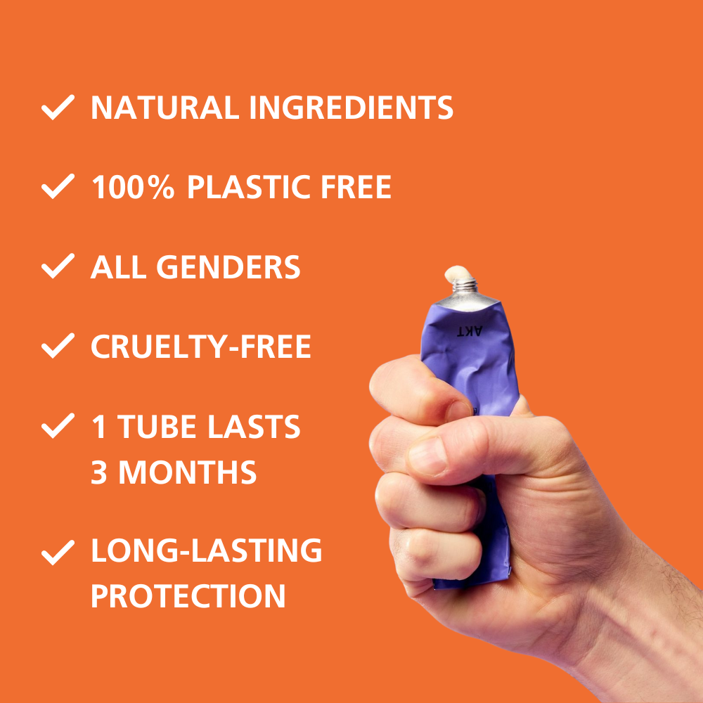 Hand holding a small container with text about product features on an orange background