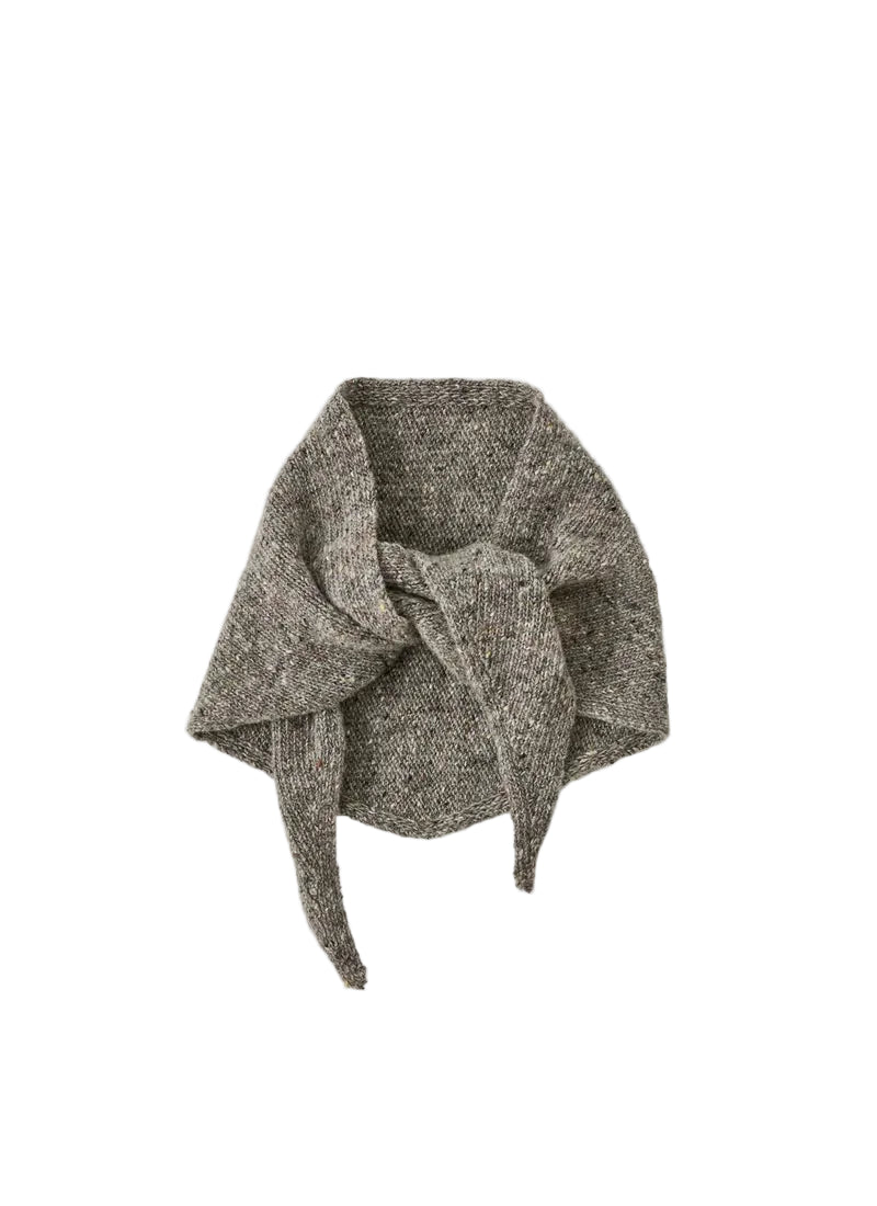 A textured, heathered gray knit scarf or neck warmer, styled in a loose knot, displayed on a clean, light gray background.