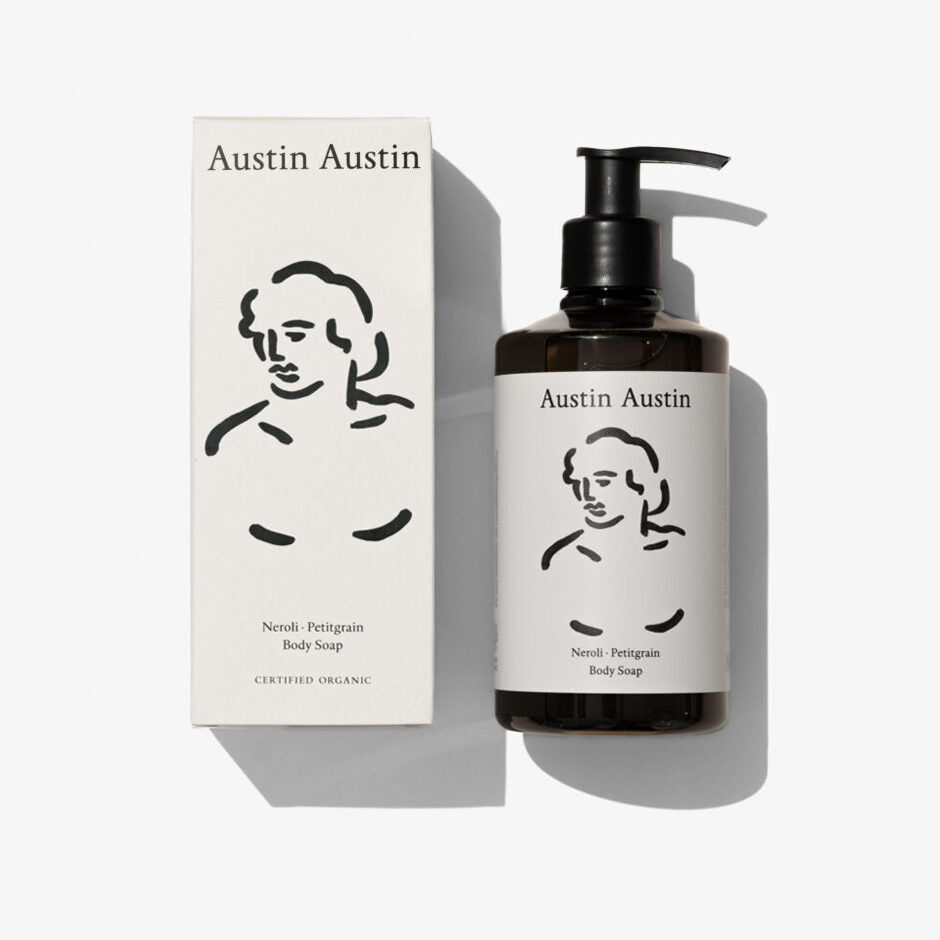 Austin Austin body soap bottle and packaging on a white background