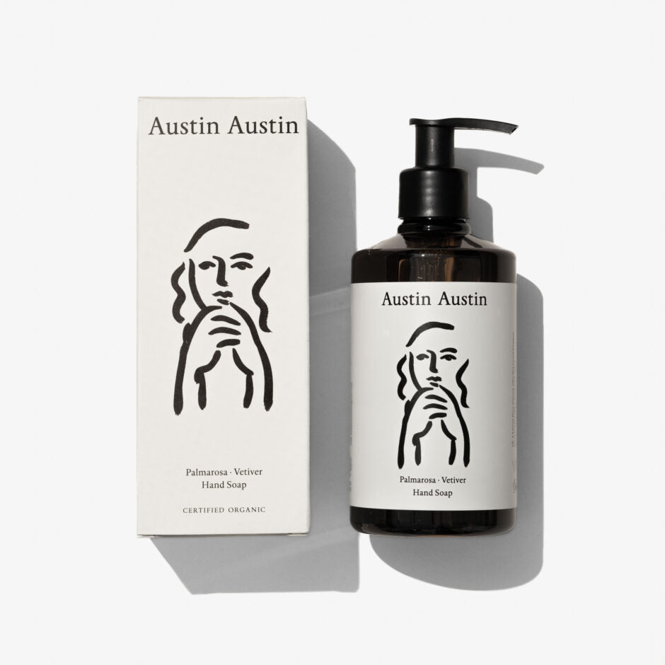 Austin Austin hand soap bottle and packaging on a white background