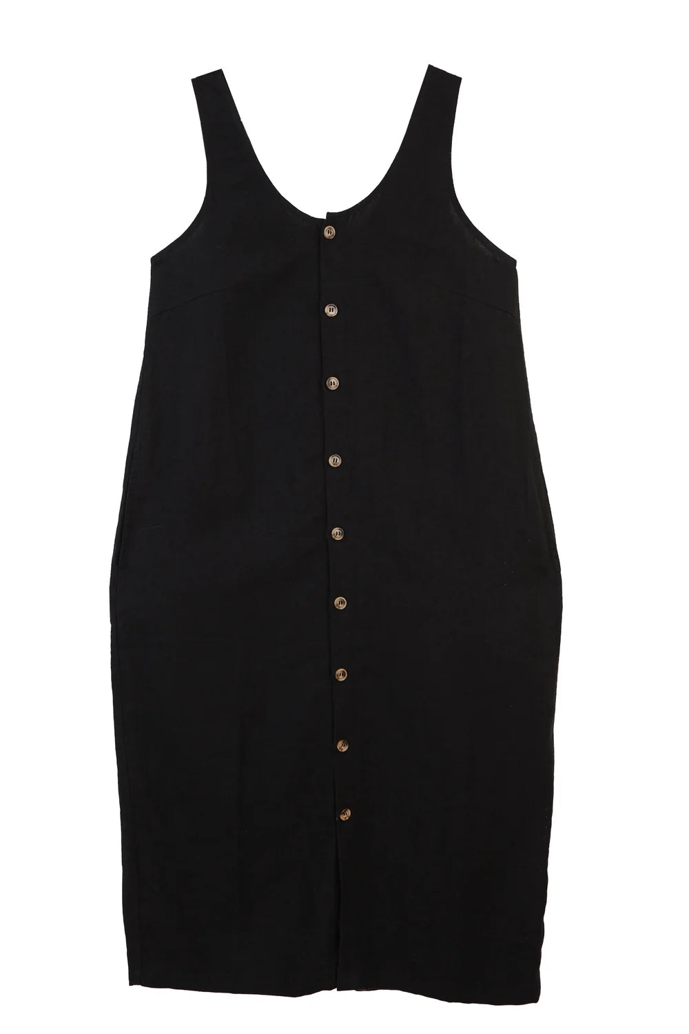 Black sleeveless dress with buttons on a white background