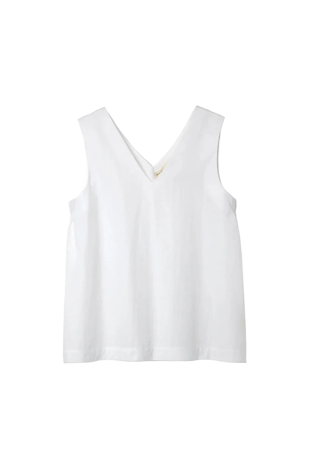 White sleeveless V neck Beaumont Organic top on a white background