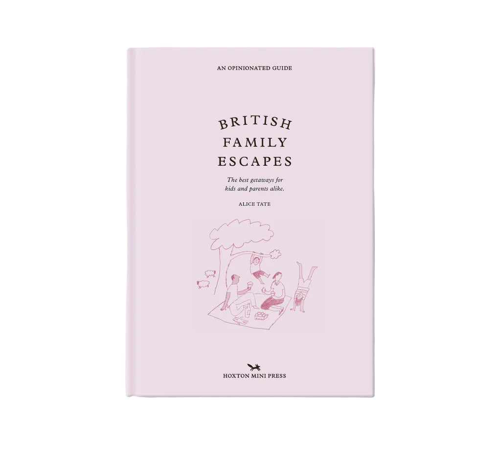 Book titled 'British Family Escapes' on a light pink background