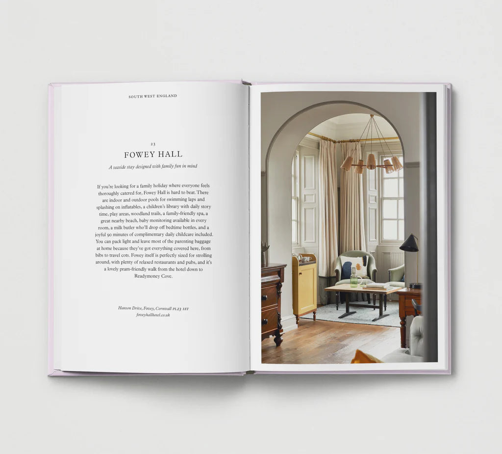 Open book showing an interior design layout with text and a photograph of a room.