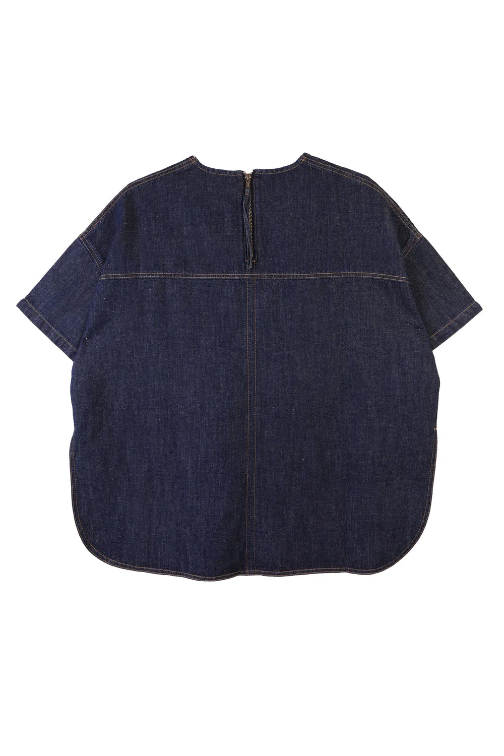 Back view of a dark blue denim shirt on a white background