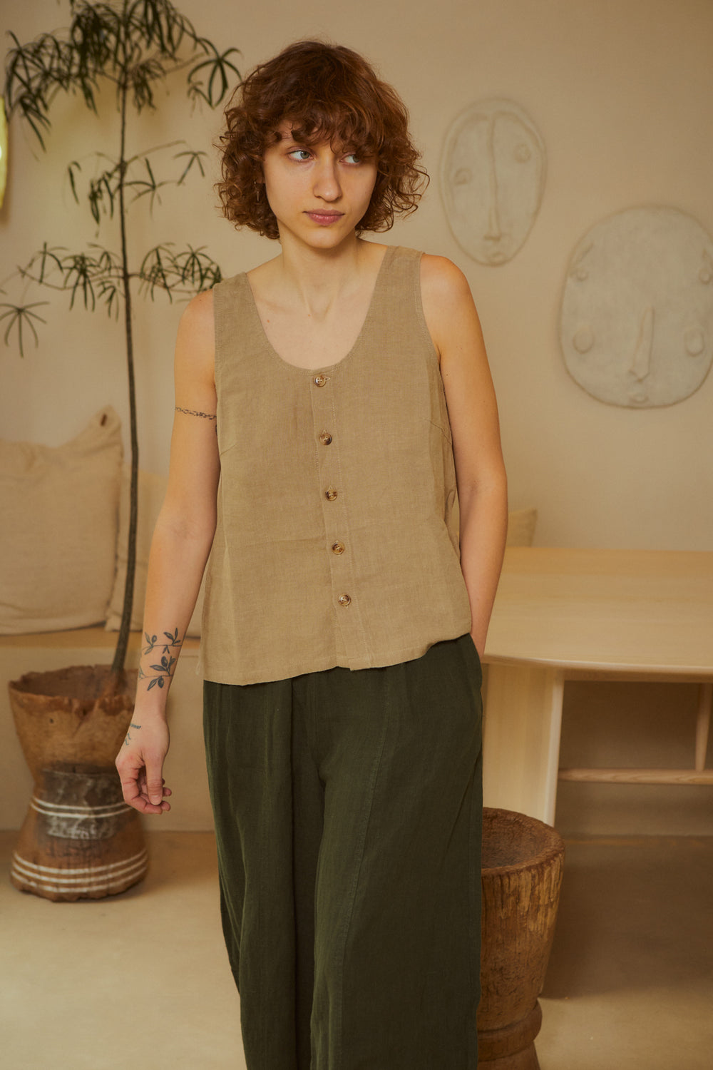 Basic Button Front Tank Stone