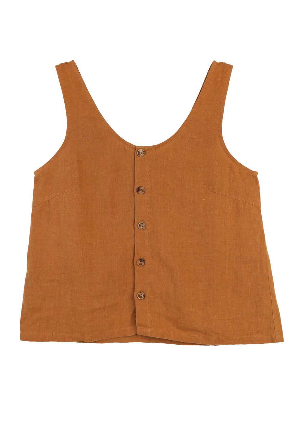 Brown sleeveless top with button details on a white background