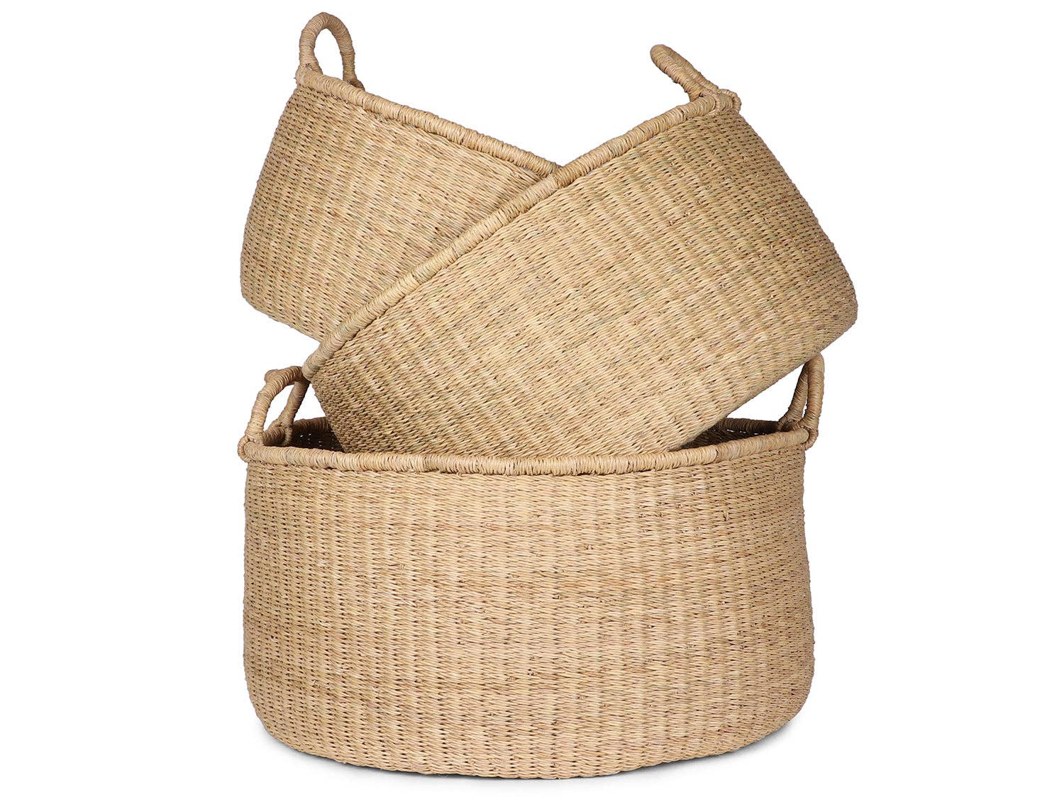 Three woven baskets on a white background