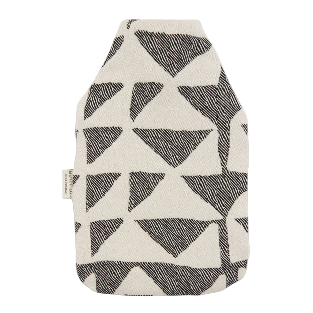 Beatrice Larkin textured hot water bottle cover with black geometric pattern on a white background