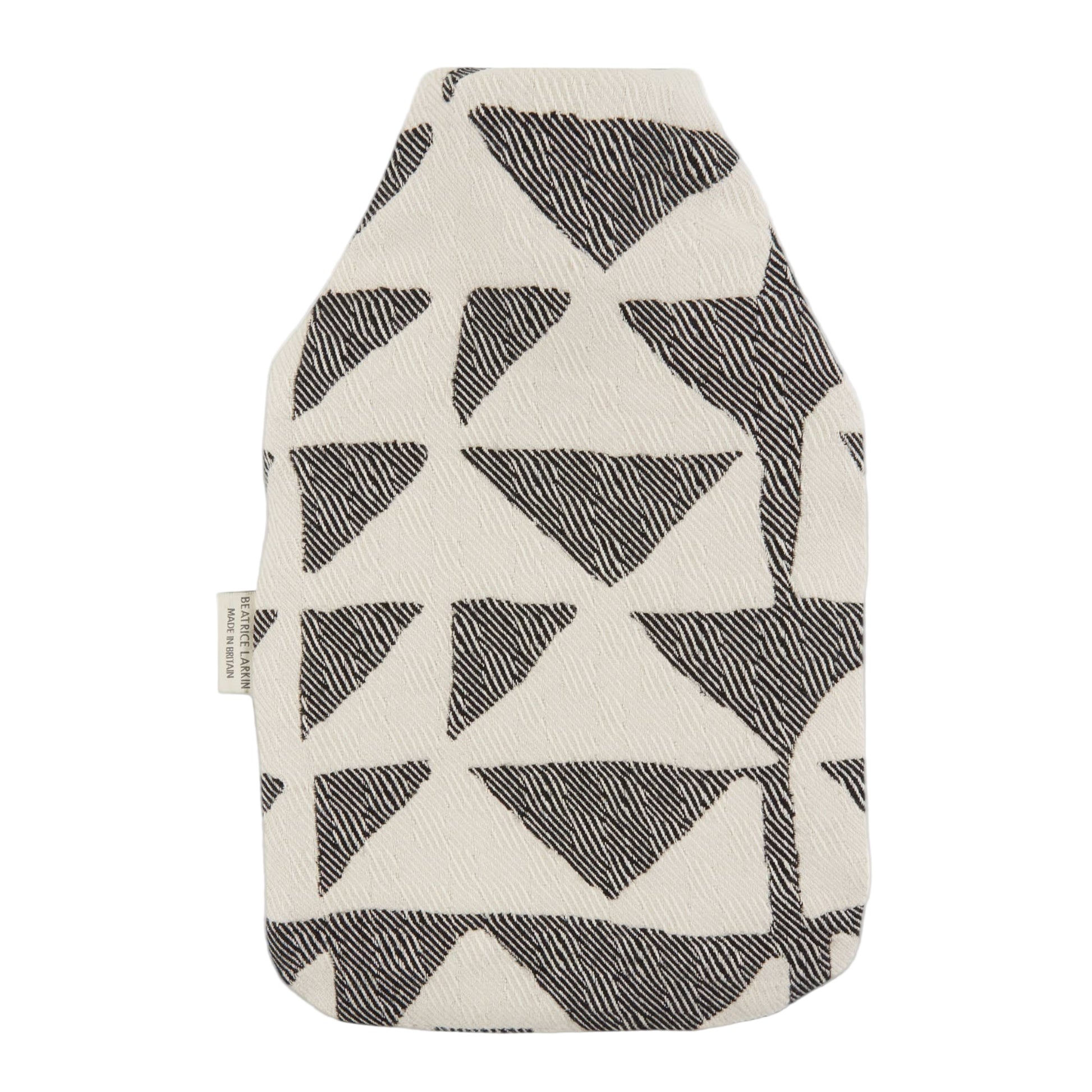 Beatrice Larkin textured hot water bottle cover with black geometric pattern on a white background
