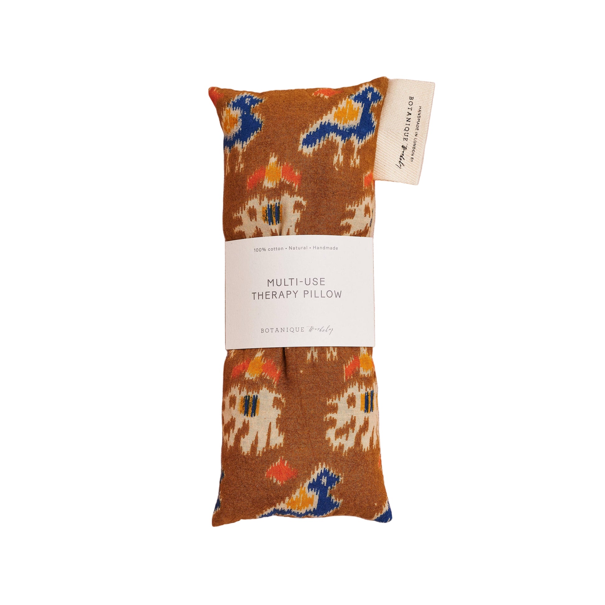 Multifunctional therapy/Eye pillow with a block printed bird print on a white background