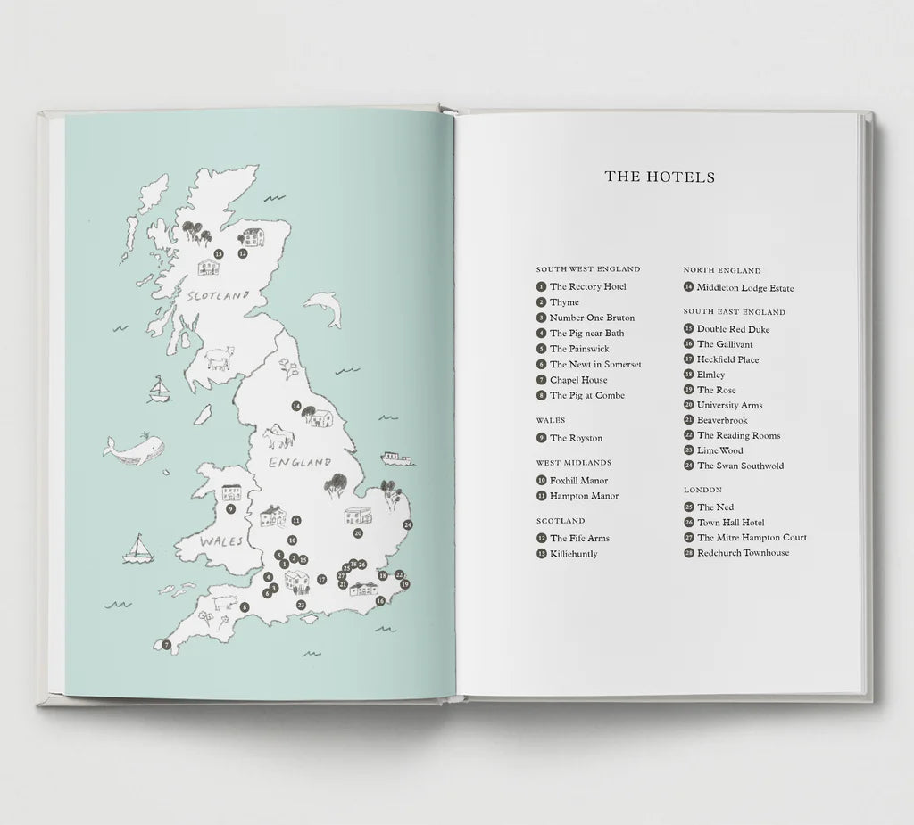 Open book with a map of England on one page and a list of hotels on the other, on a light gray background.