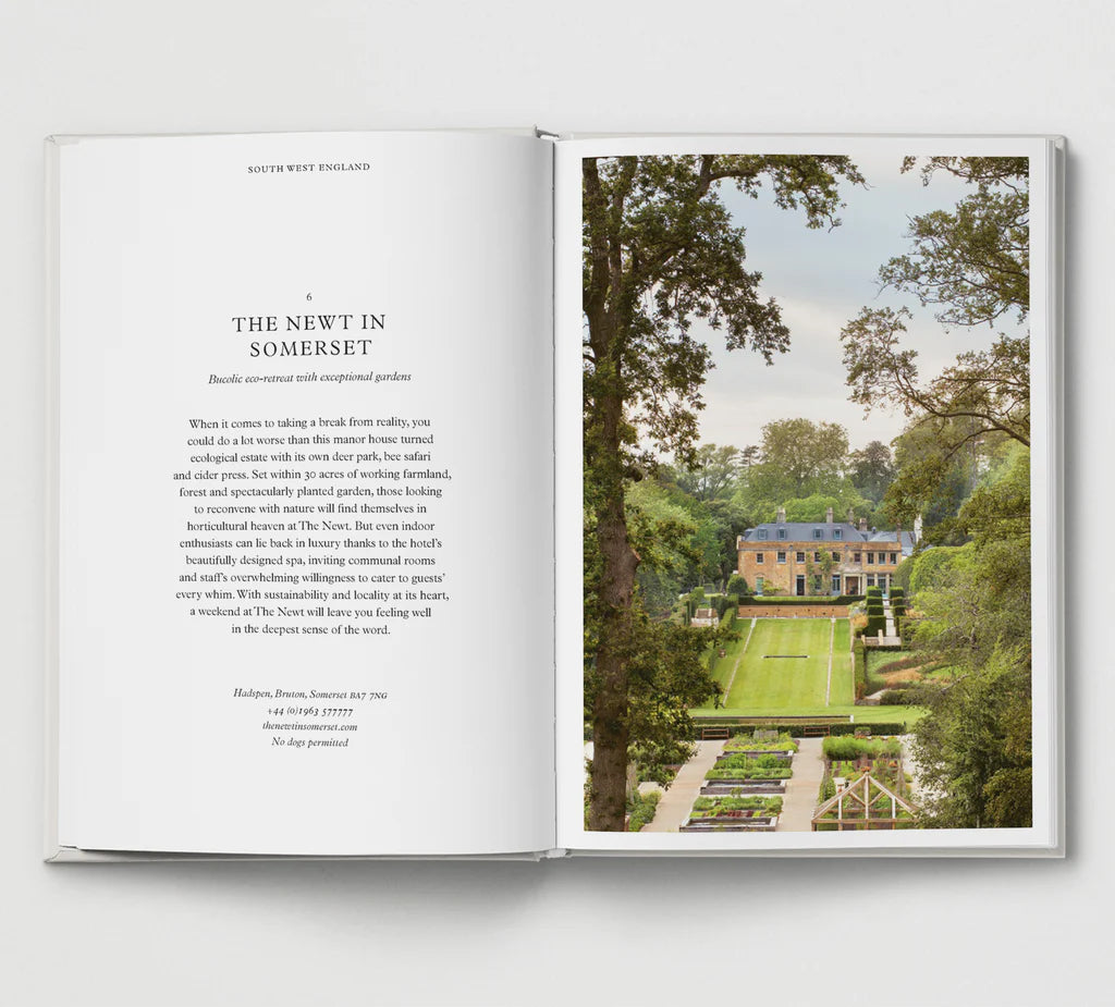 Open book showing a photograph of The Newt in Somerset with text on a white background