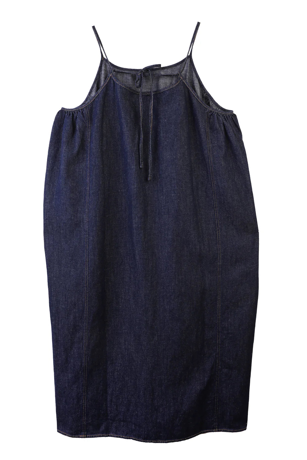 Dark denim slip dress on a white background