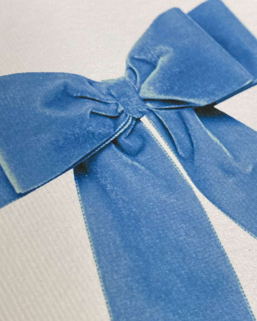 Close-up of a blue velvet bow from the Canonbury Press London Blue Ribbon Card on a white background