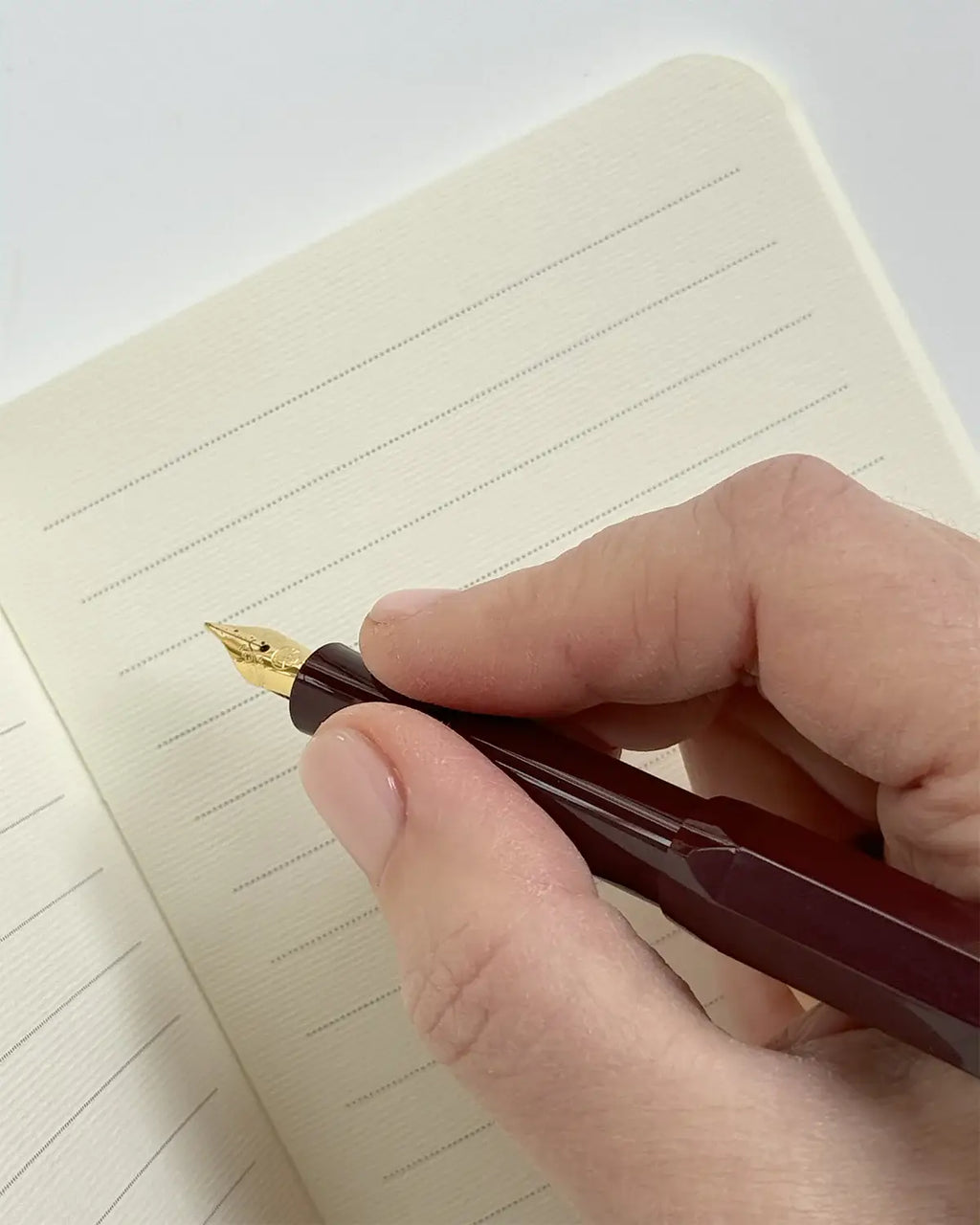 Hand holding a fountain pen over a lined notebook