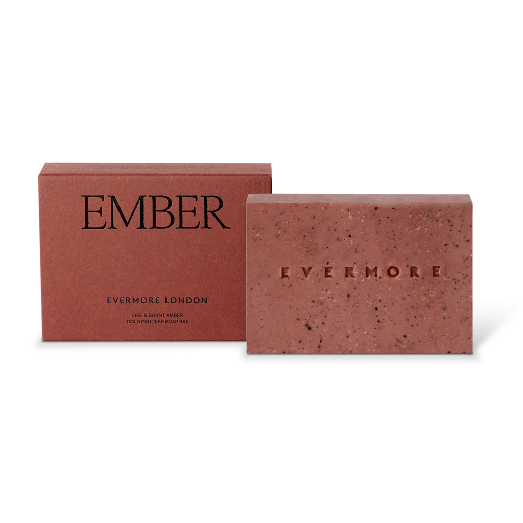 Red soap bar and packaging with 'Evermore London' branding on a white background