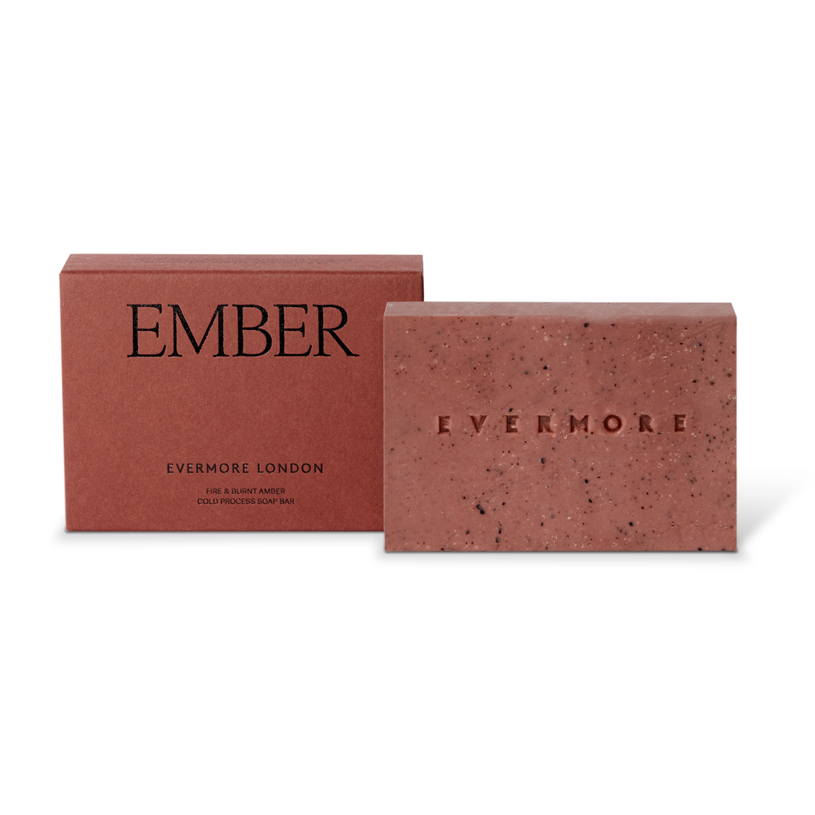 Red soap bar and packaging with 'Evermore London' branding on a white background