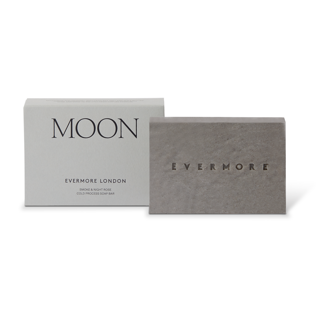 Grey soap bar with 'Evermore London' branding on a white background