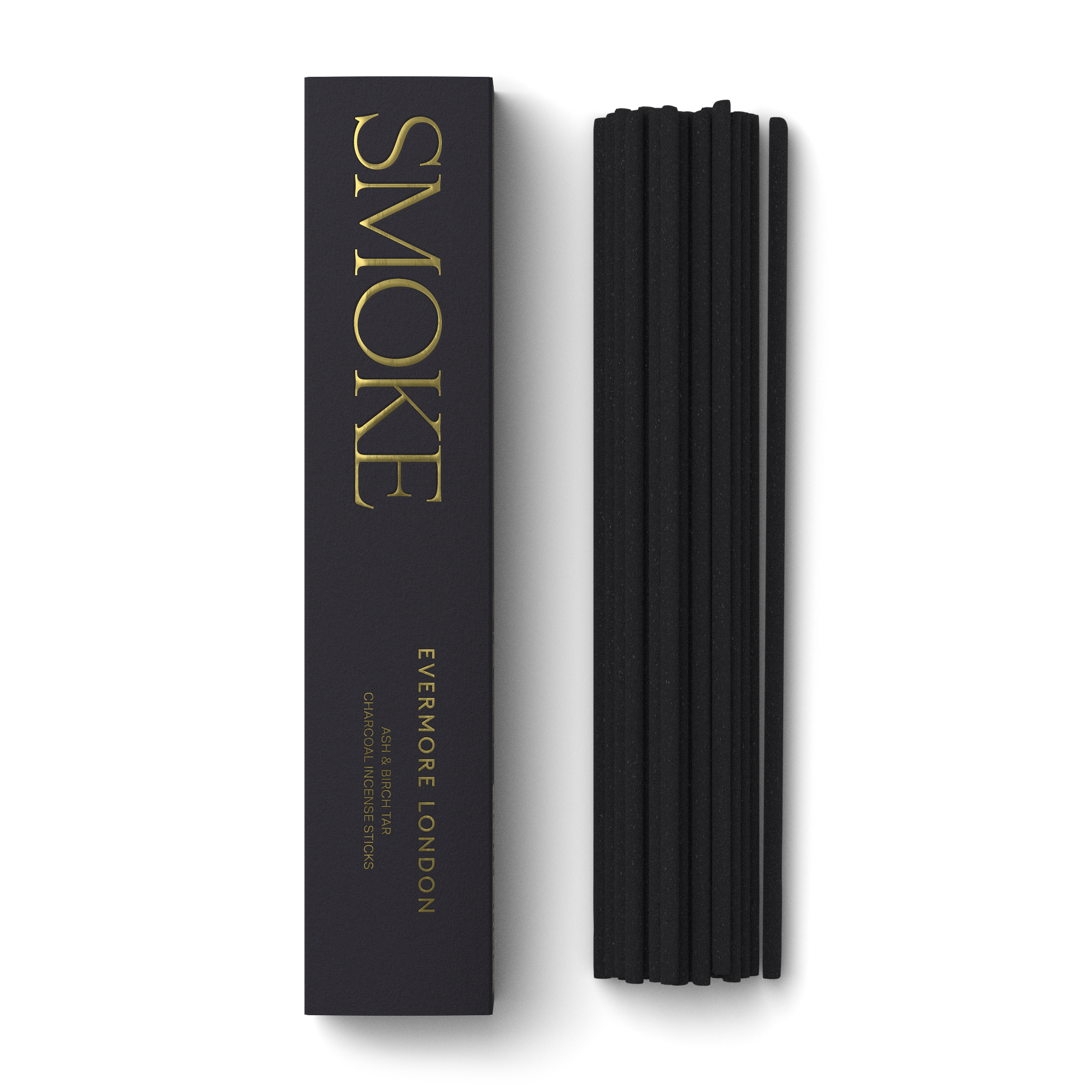 Evermore London Black incense sticks with 'Smoke' packaging on a white background
