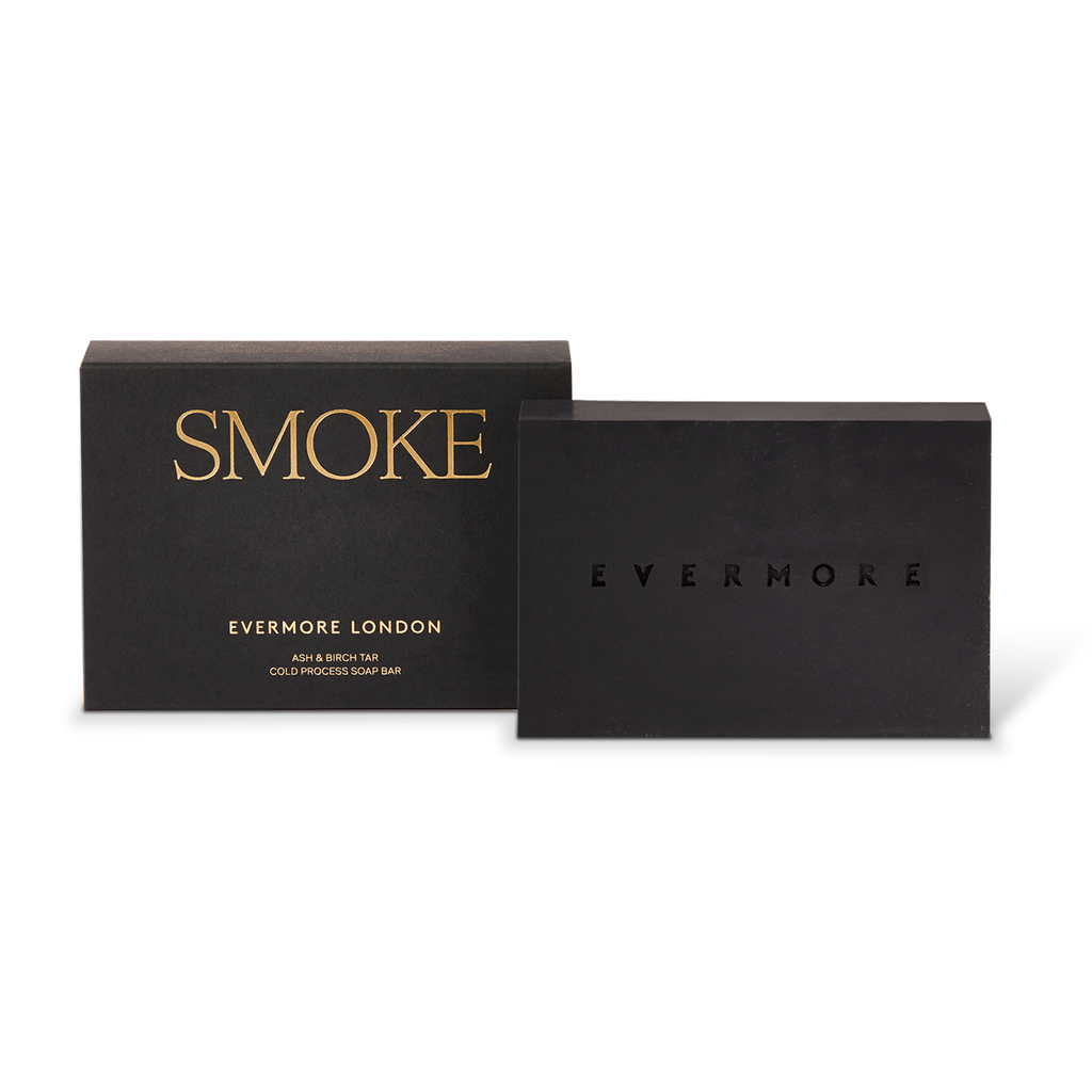 Black box and a black soap bar  with 'Smoke' and 'Evermore London' text  on a white background