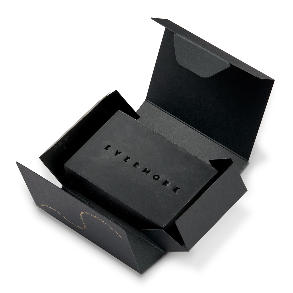 Black box and black soap with 'Evermore ' branding on a white background