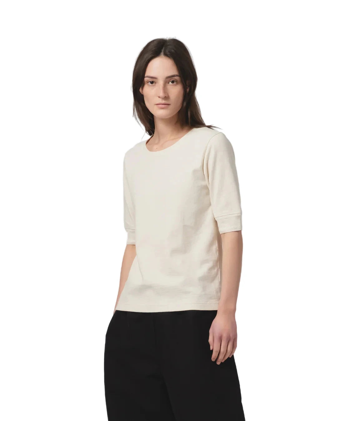 Woman wearing Girls Of Dust Off - White Short Sleeved T-Shirt against a white background 