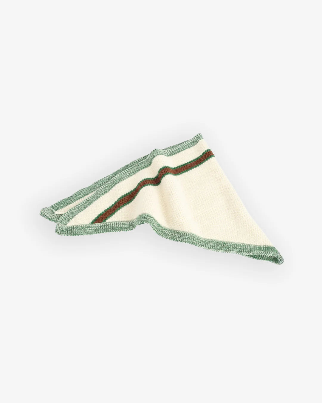 Girls of Dust triangular woollen scarf with green, brown, and beige pattern on a white background