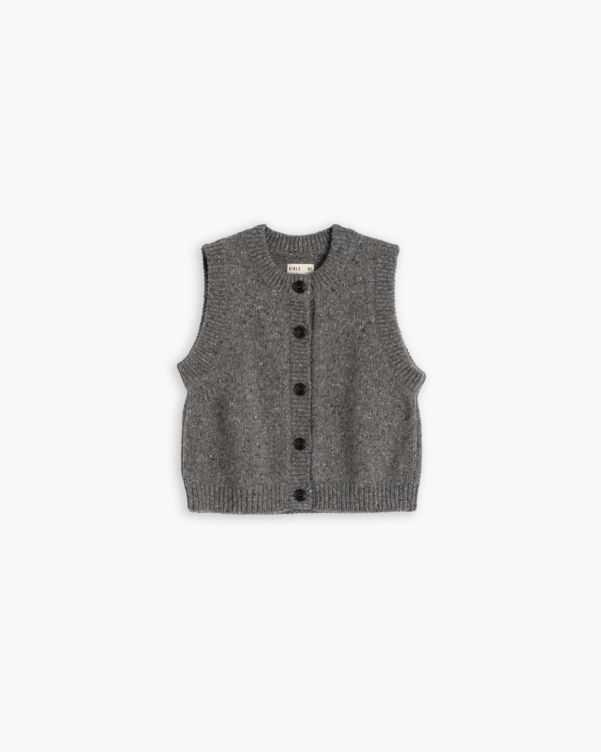 Girls of Dust Welsh Button up Vest Neppy Wool in Grey against a light Grey background - pack shot 