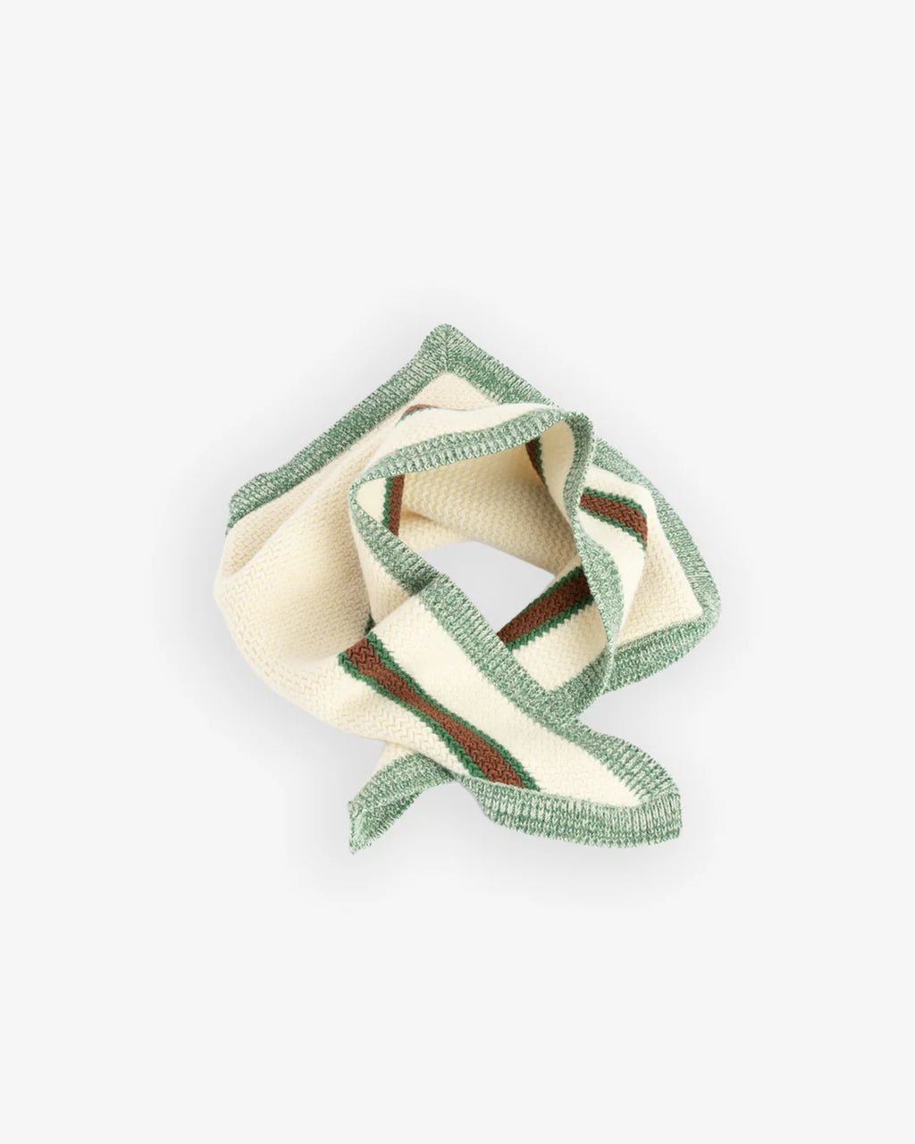 Girls of Dust triangular woollen scarf with green, brown, and beige pattern on a white background