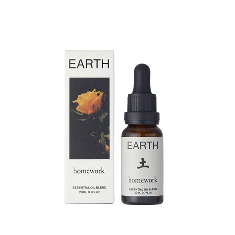 Earth homework essential oil blend bottle and packaging on a white background