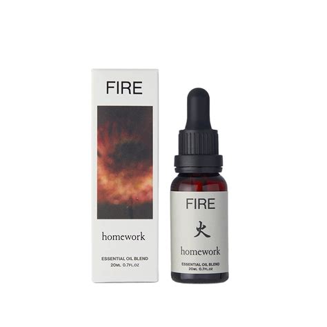 Essential oil blend bottle and packaging labeled 'FIRE' by 'homework' on a white background