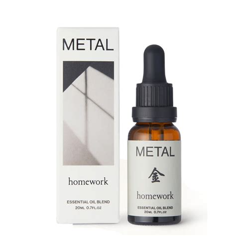 Bottle and box of 'Metal' essential oil blend by 'homework' on a white background