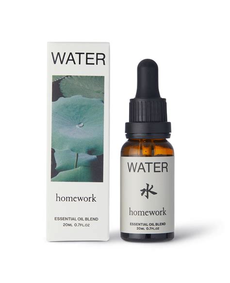 Homework essential oil blend bottle and packaging with 'Water' theme on a white background