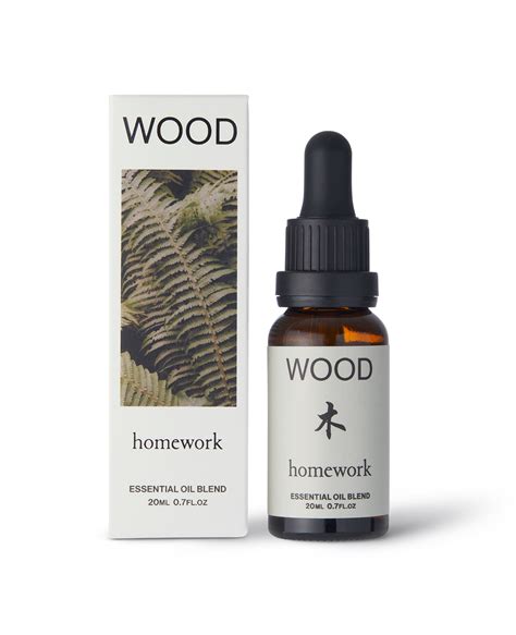 Essential oil bottle and packaging labeled 'homework' on a white background