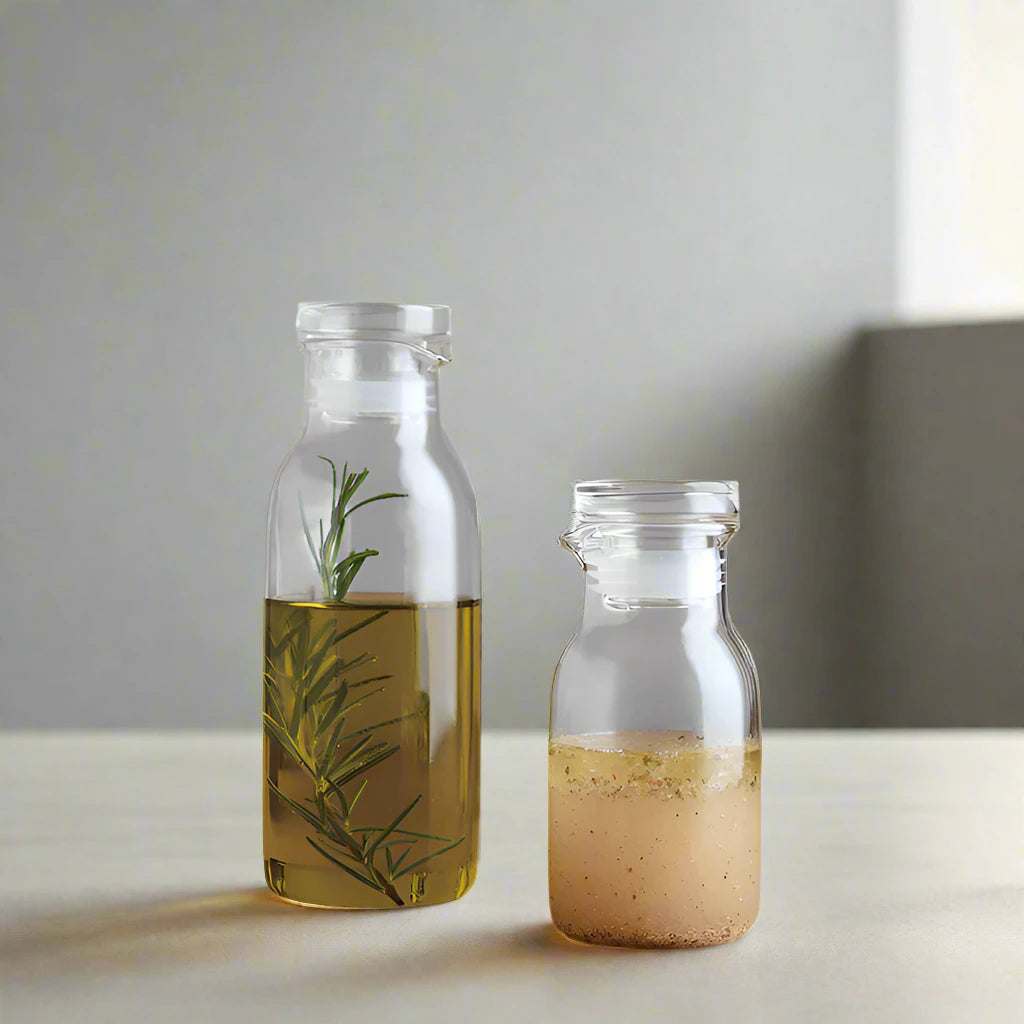 Glass dressing bottles with liquid and herbs on a wooden surface