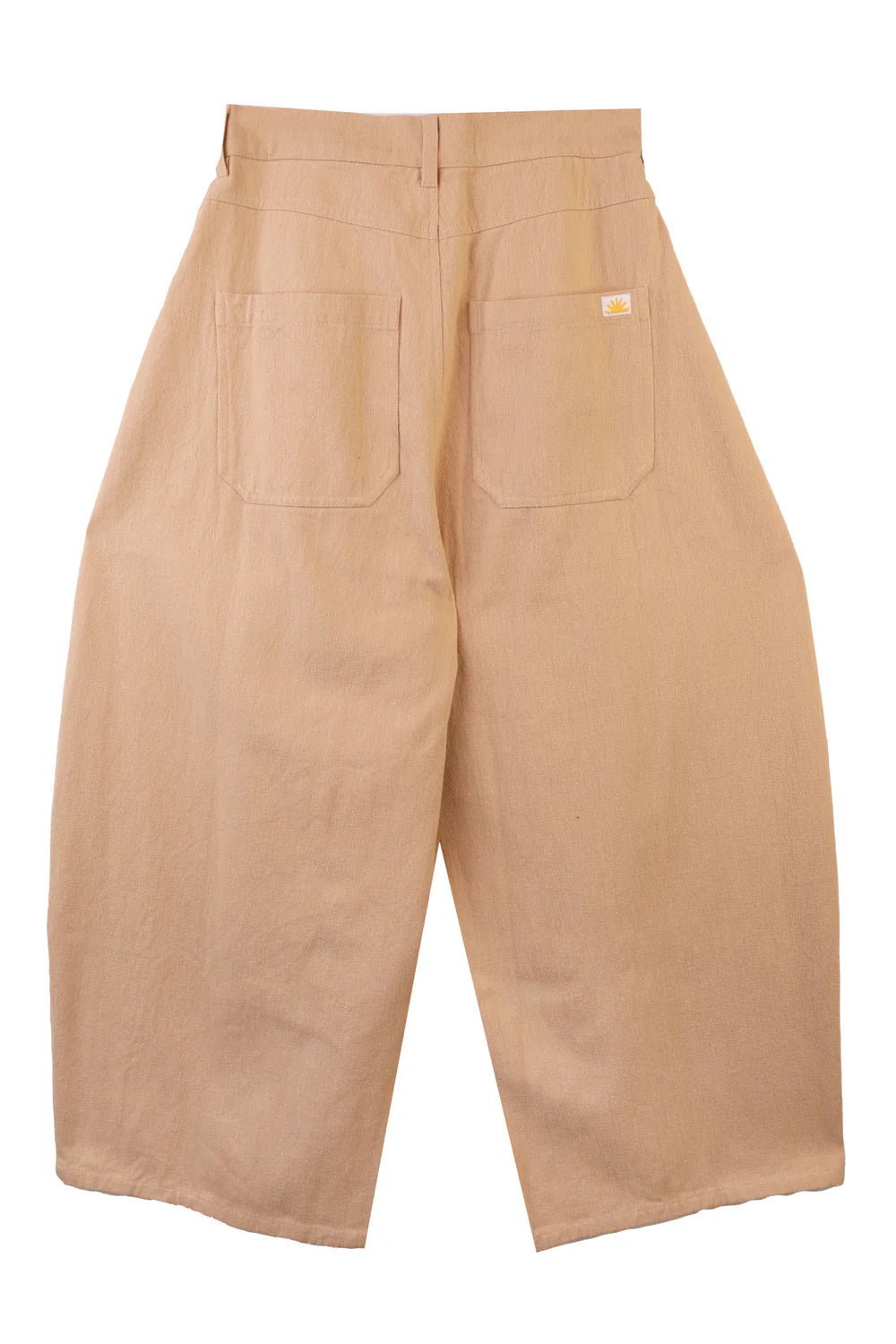 Beige pants with a brand logo on a white background