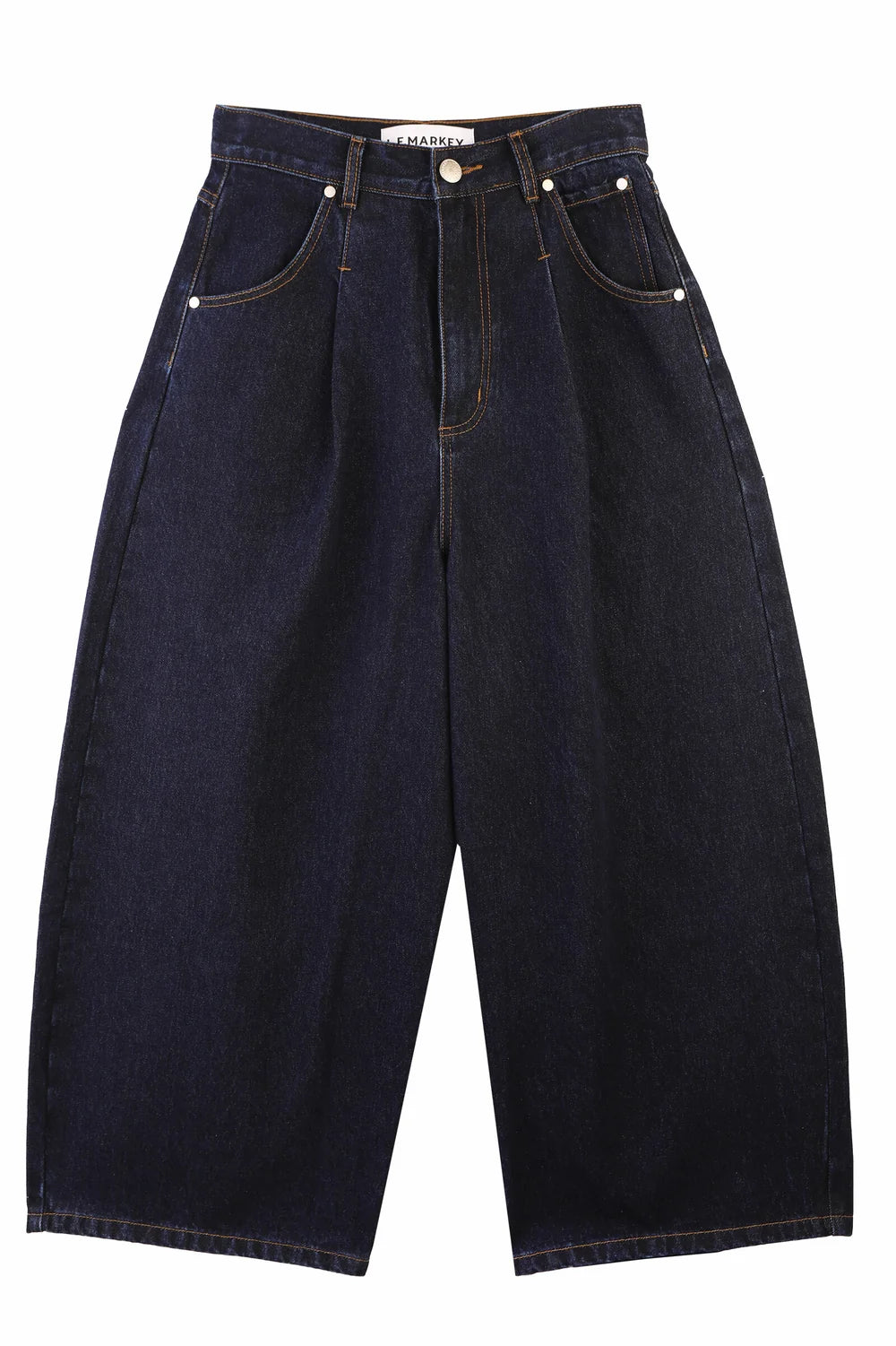 LF Markey dark indigo wide-leg cropped jeans with a high waist, pleated front, and silver rivets, shown flat on a white background.