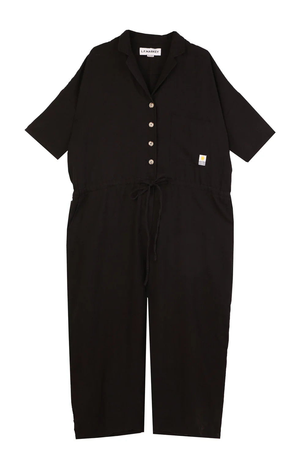 Black jumpsuit with short sleeves and buttons on a white background
