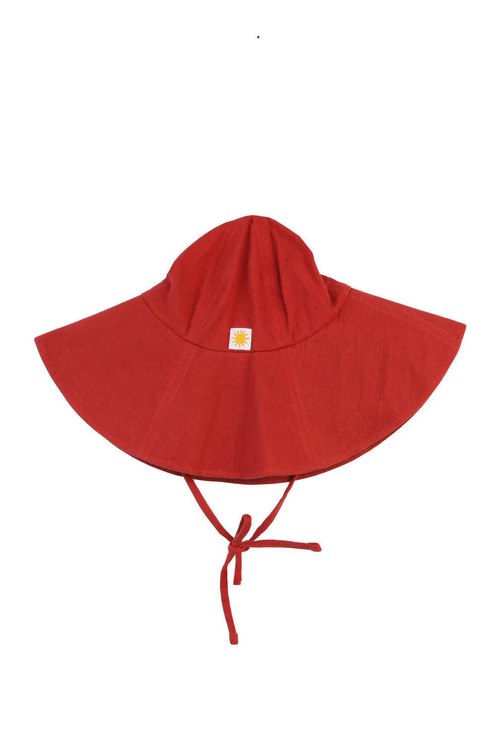 Red sun hat with a white brand logo on a white background
