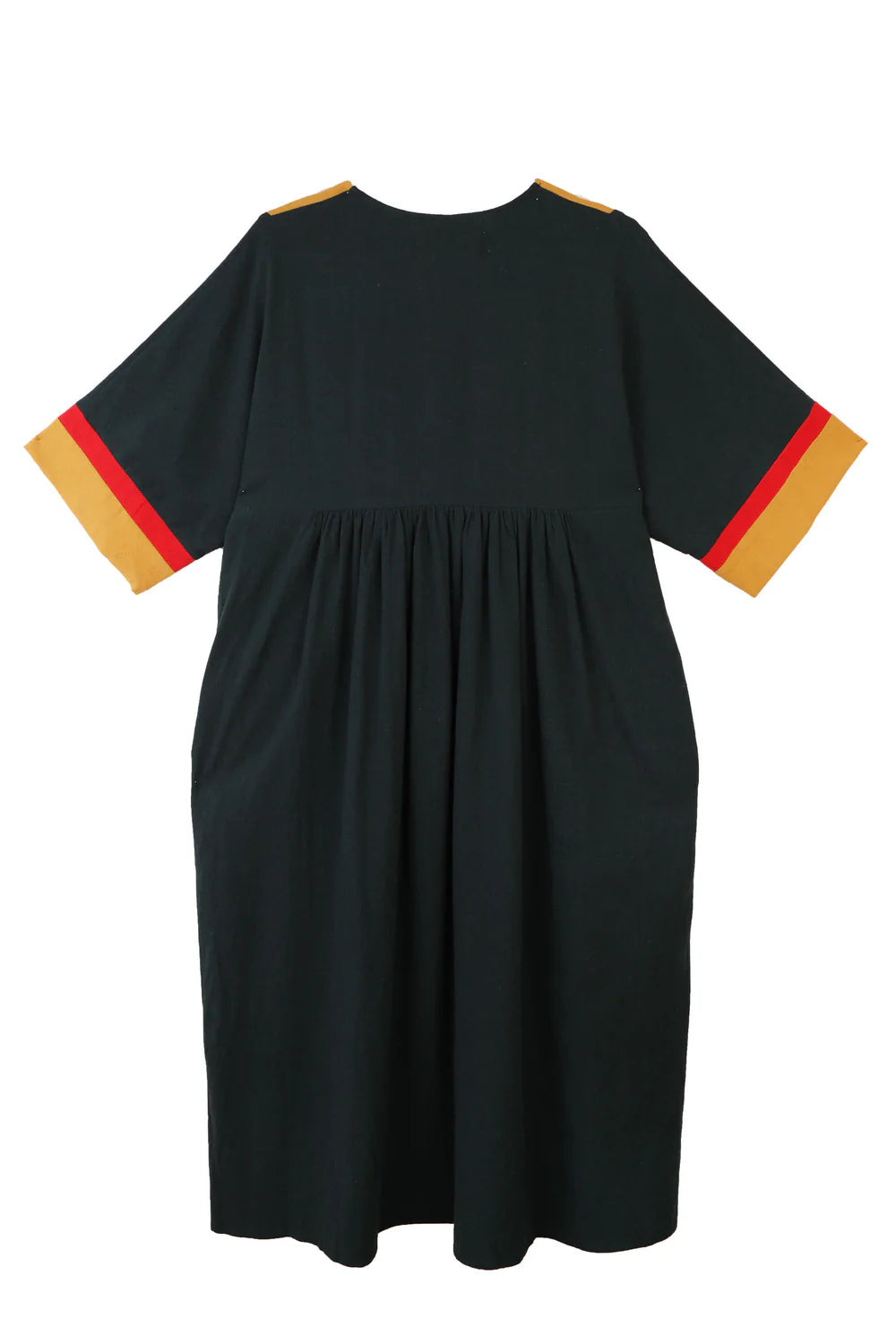 Dark green crepe dress with colourful sleeves on a white background