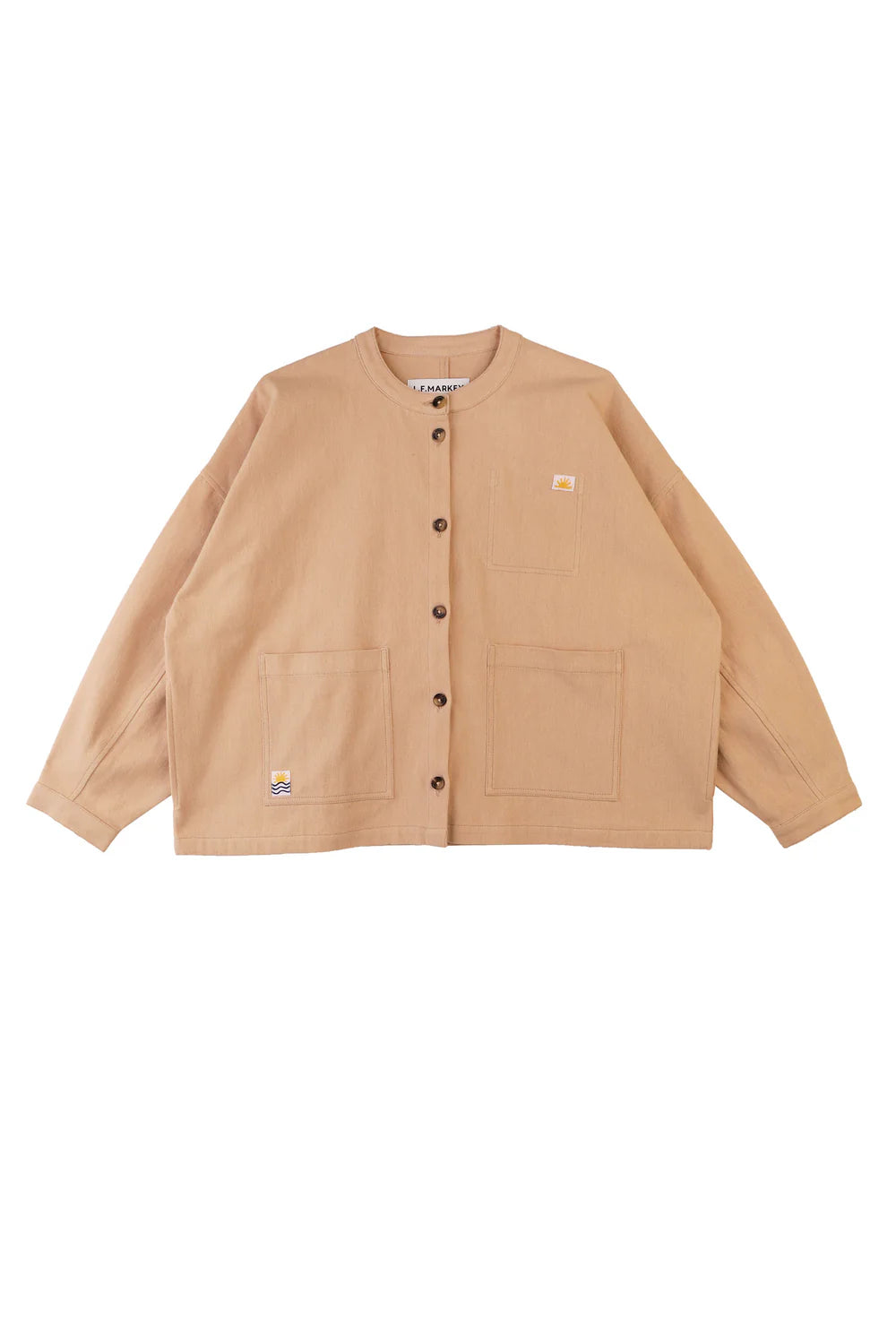 Beige jacket with button details on a white background