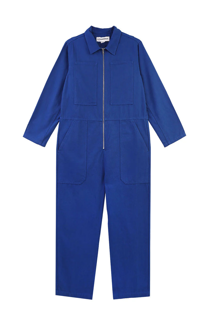 Blue LF Markey jumpsuit on a white background