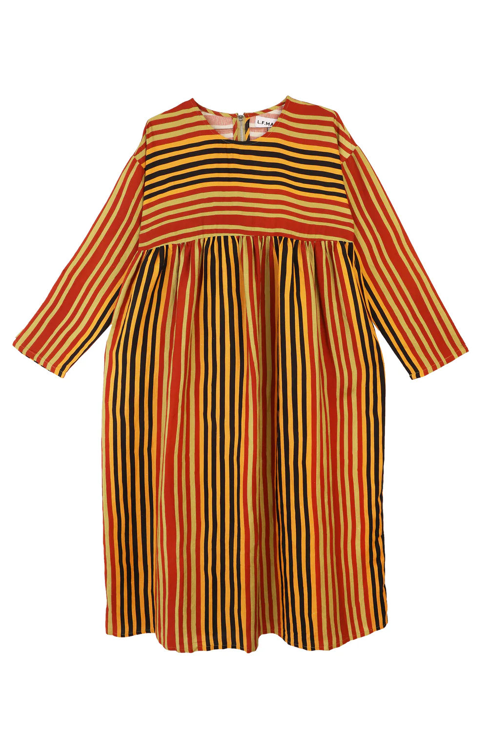 Striped dress with orange, yellow, and black pattern on a white background