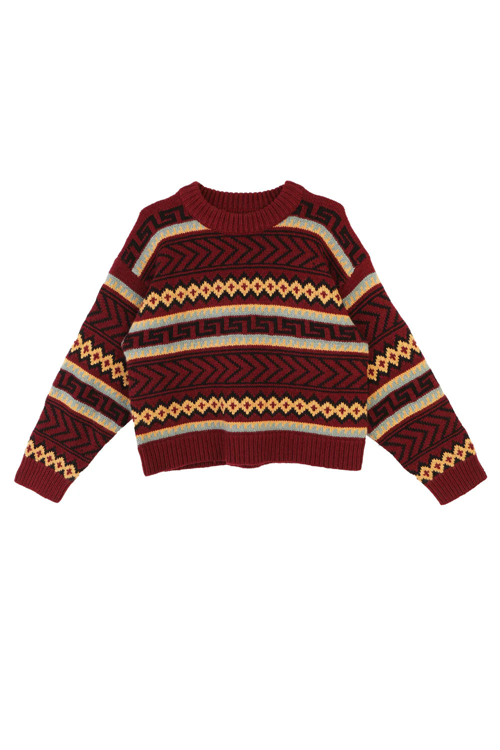Maroon LF Markey sweater with geometric pattern on a white background